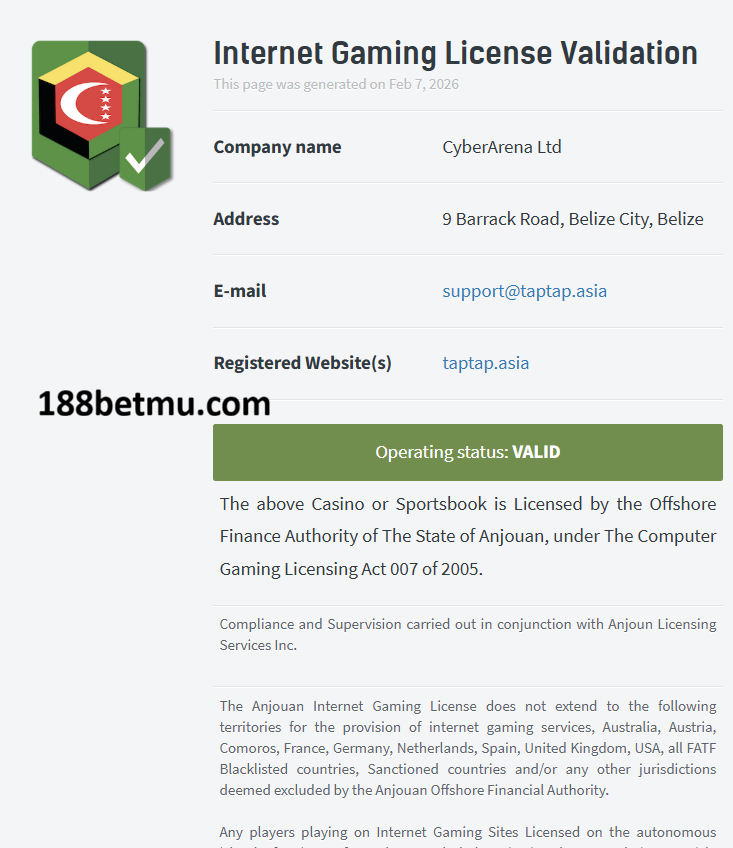 Giấy phép của nhà cái 188bet